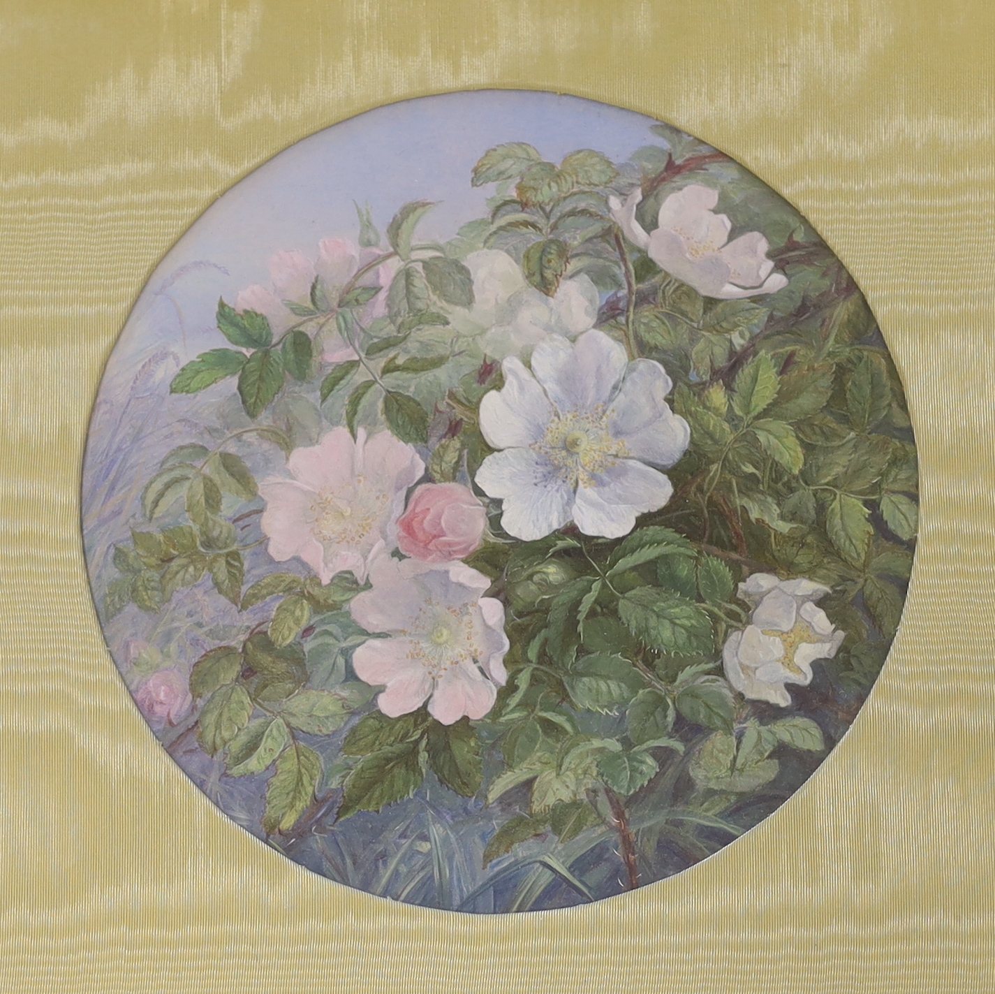 Late 19th century English School, oil, 'Briar Roses', label verso, 28cm diameter